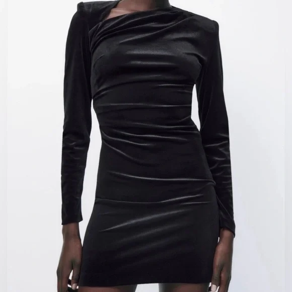 Zara | Dresses | Zara Black Velvet Ruched Stretch Fitted Dress Med New Nwt  | Poshmark
